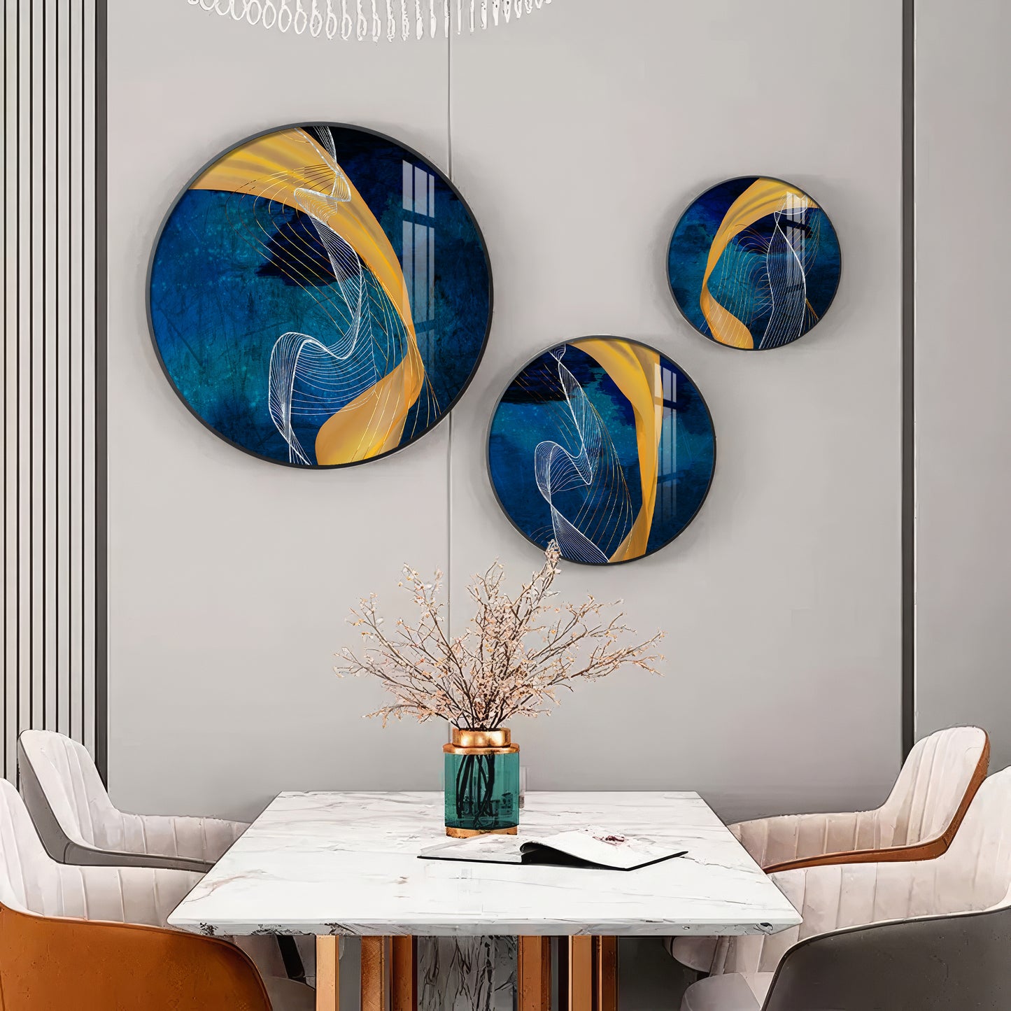Asatic Waves Premium Acrylic Round Wall Art (Set of 3)