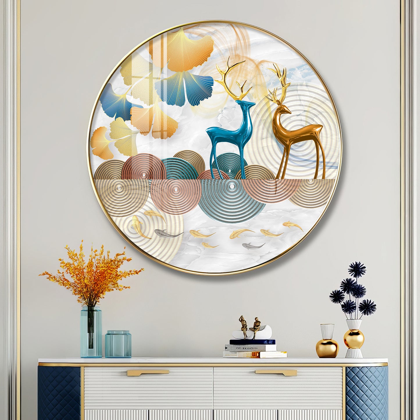 Deer Among Blossoms Premium Acrylic Round Wall Art