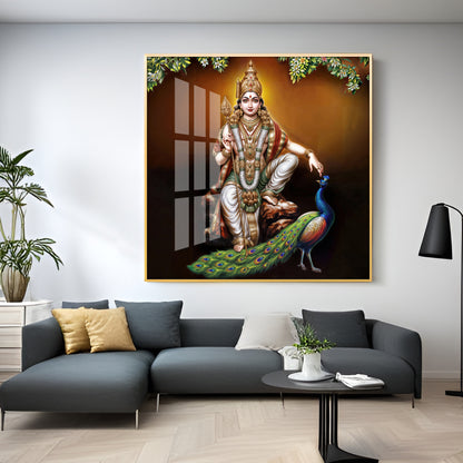 Lord Murugan With Peacock Premium Acrylic Square Wall Art