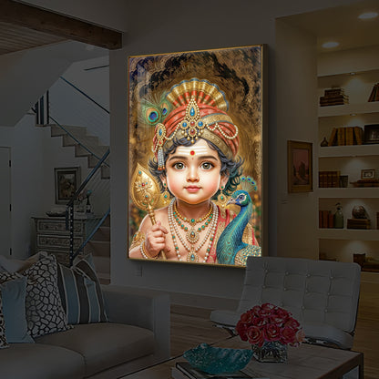 Little Murugan With Peacock Modern Luxury Backlight Vertical Wall Art