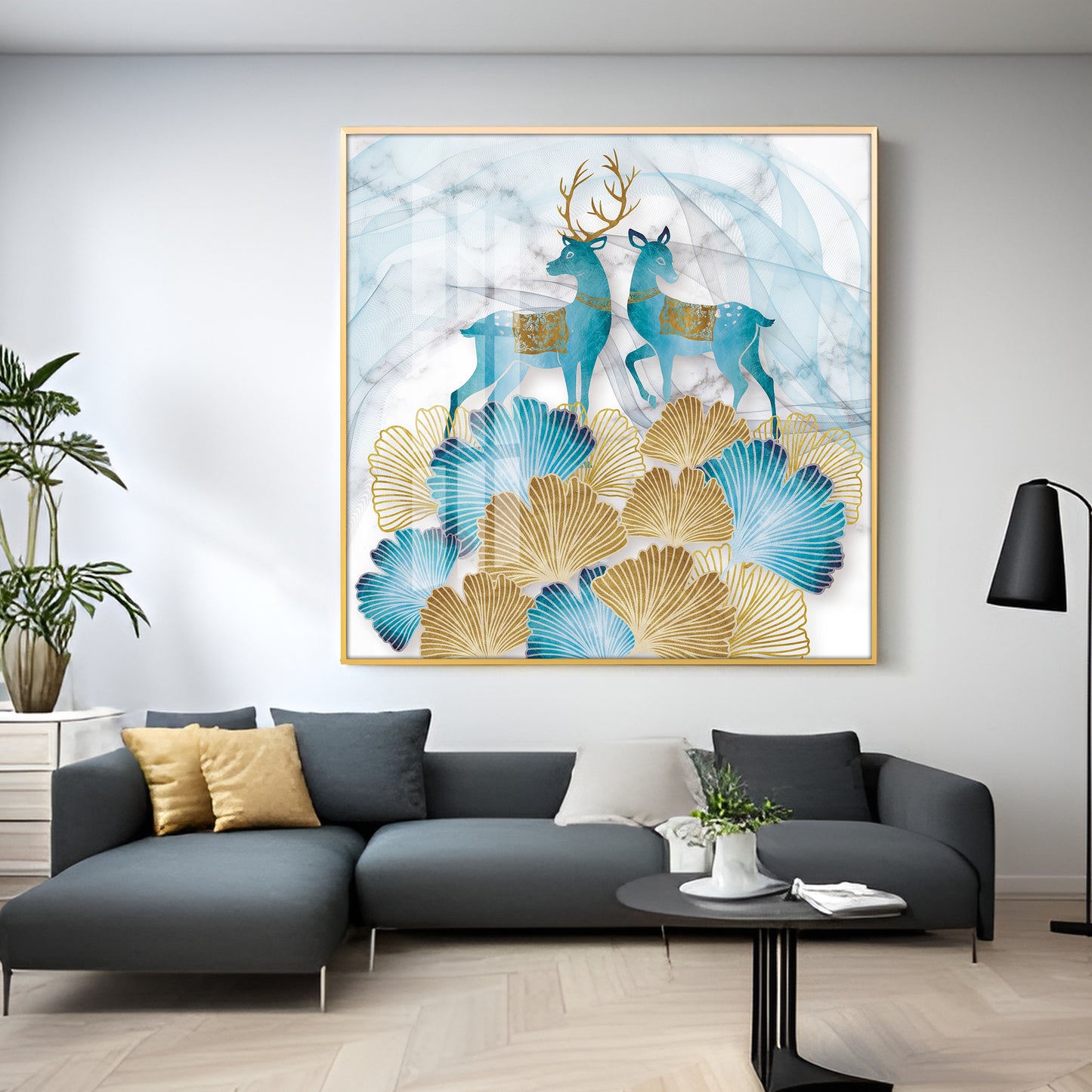 Blue Deer With Ginkgo Leaf Premium Acrylic Square Wall Art