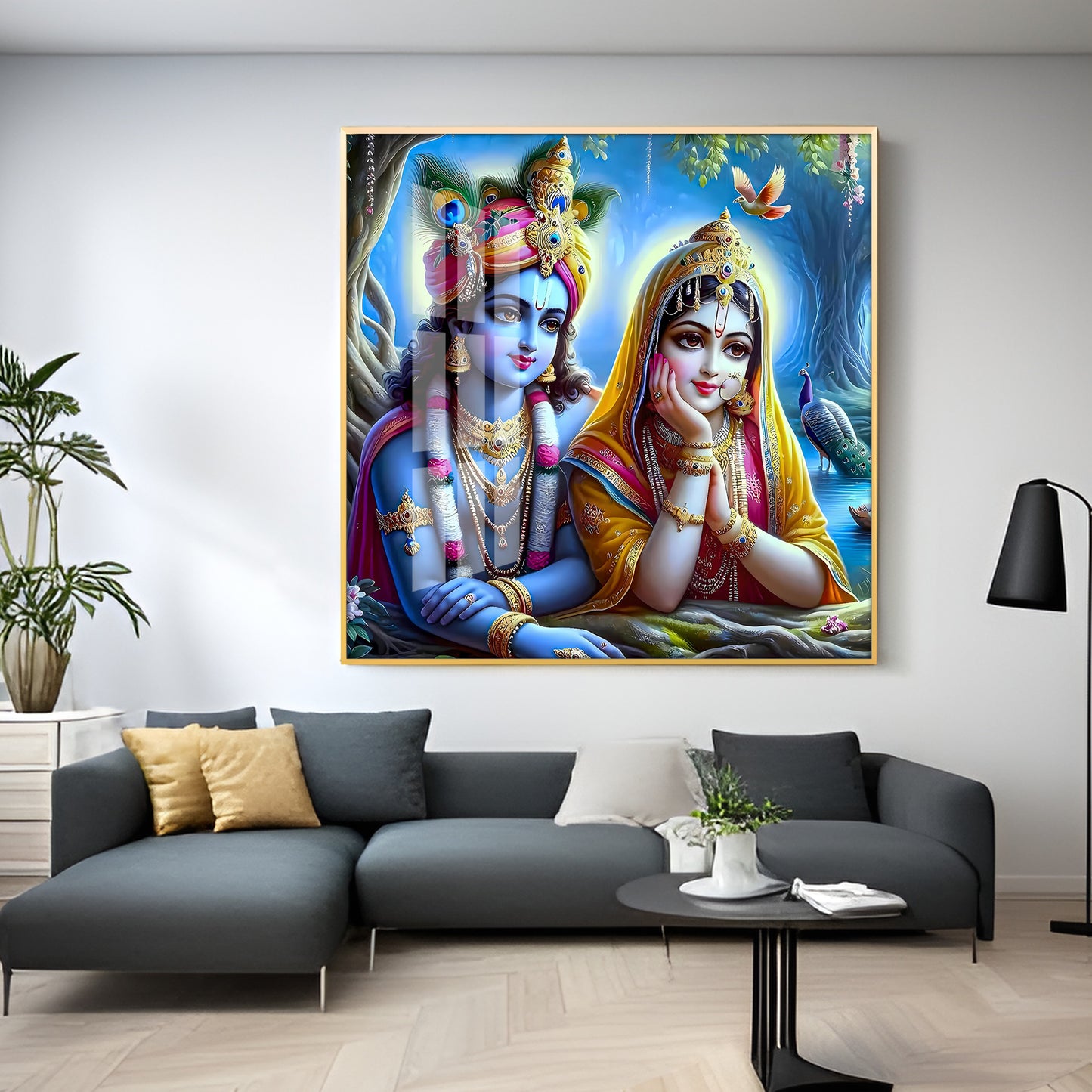 Radha Krishna In Vatika Premium Acrylic Square Wall Art