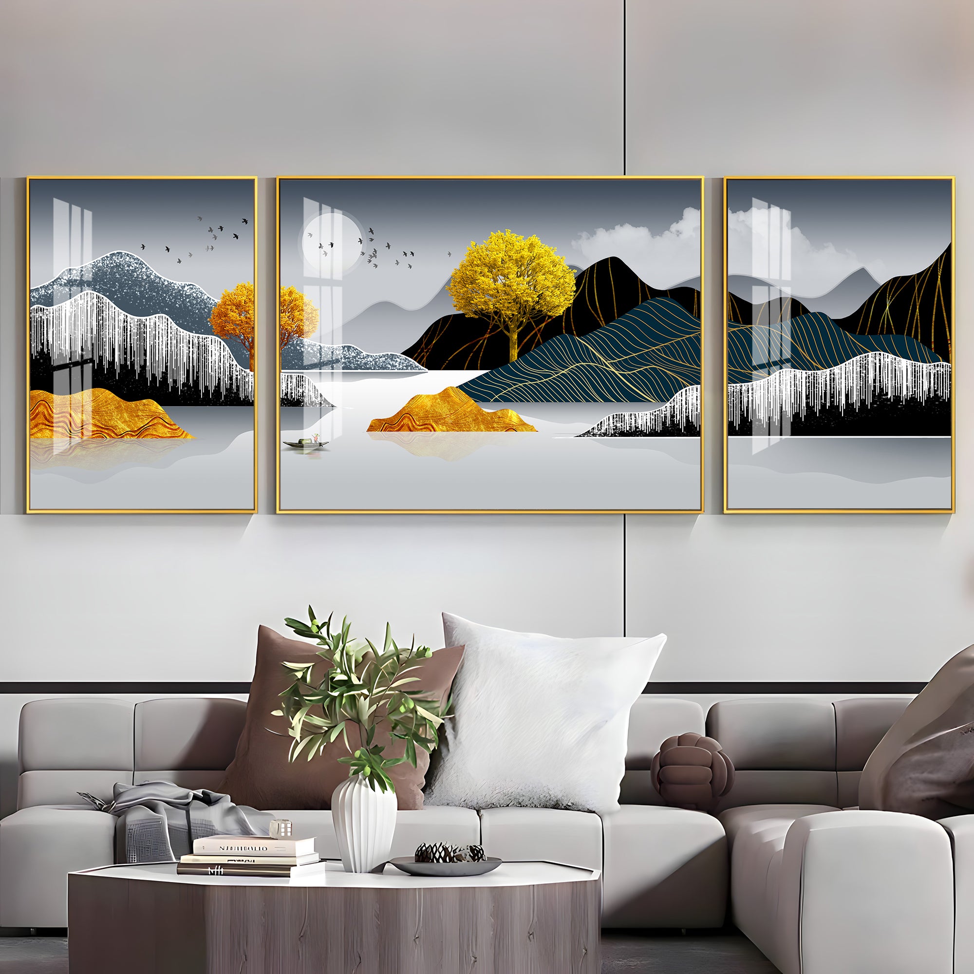 Mountains With Golden Tree Luxury Crystal Wall Art (Set of 3)