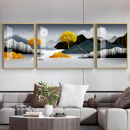 Mountains With Golden Tree Premium Acrylic Wall Art (Set of 3)