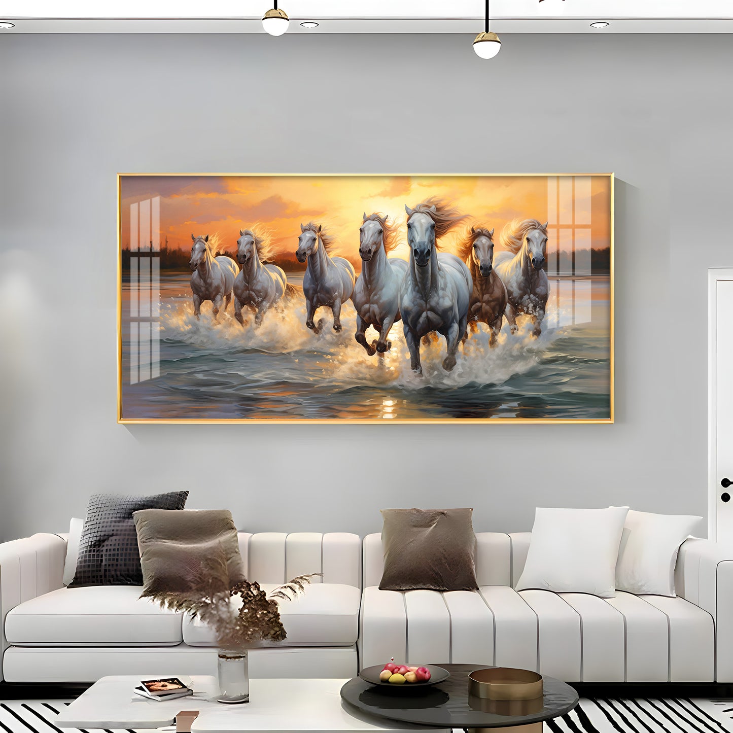 Vastu Seven Running Horses With Sunrise Premium Acrylic Horizontal Wall Art