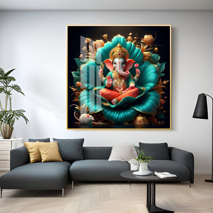 Lord Ganesh Lotus Serenity Premium Acrylic Square Wall Art