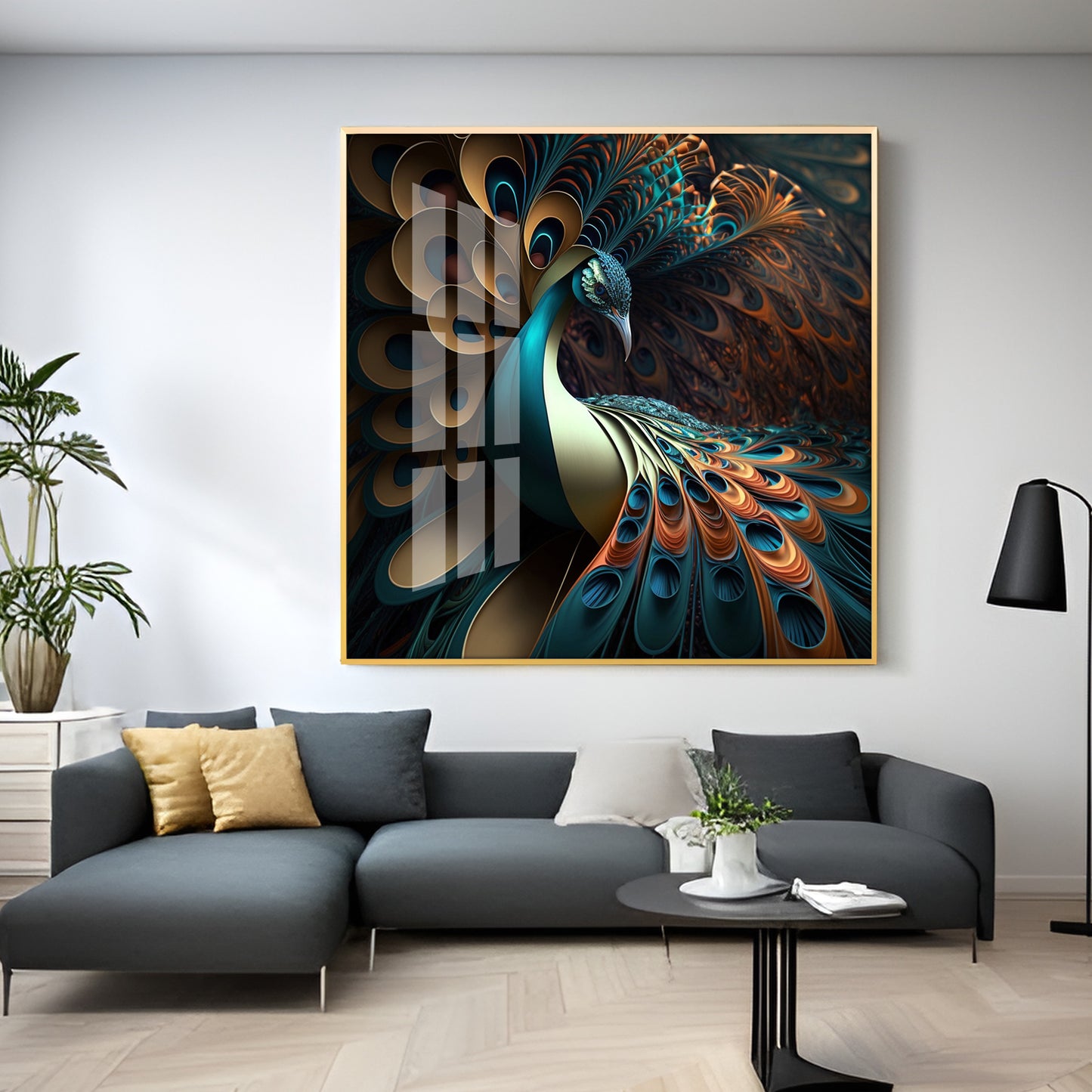 Peacock Is Shown With Large Feather Premium Acrylic Square Wall Art