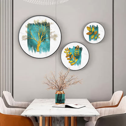 Golden Tree and Leaves Premium Acrylic Round Wall Art (Set of 3)