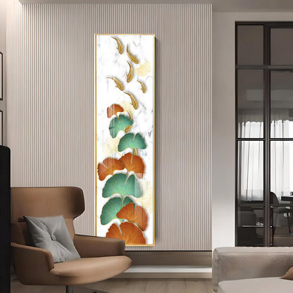 Golden Fish & Colorful Ginkgo Leaves Premium Acrylic Vertical Wall Art