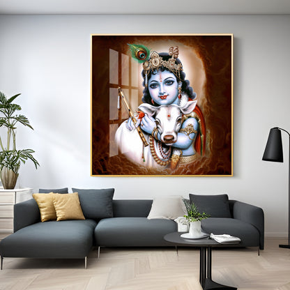 Krishna With Bansuri & Cow Premium Acrylic Horizontal Wall Art