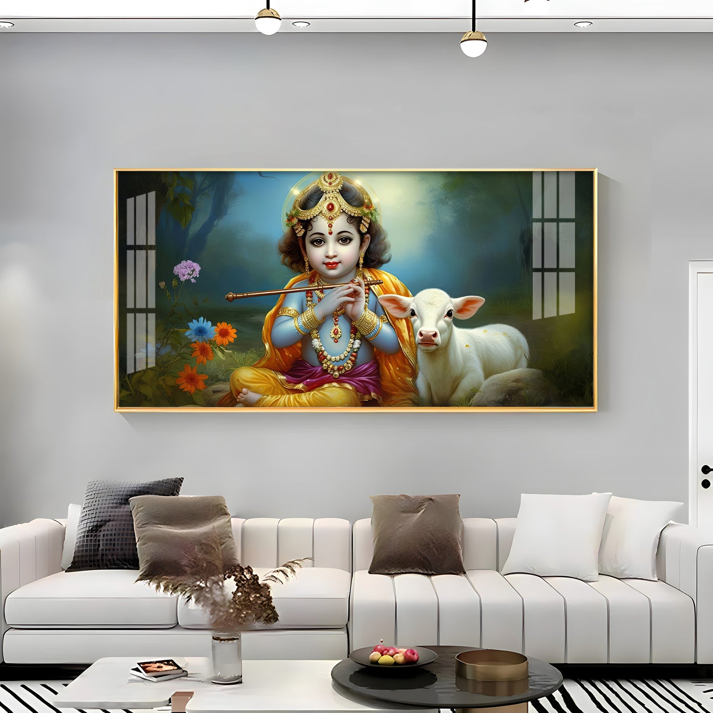 Little Krishna With Bansuri & Cow Premium Acrylic Horizontal Wall Art