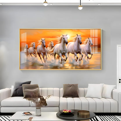 Seven White Running Horses With Sunrise Premium Acrylic Horizontal Wall Art