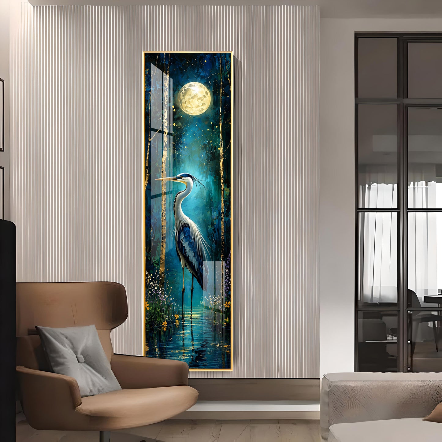 Moonlit Heron in Forest Premium Acrylic Vertical Wall Art