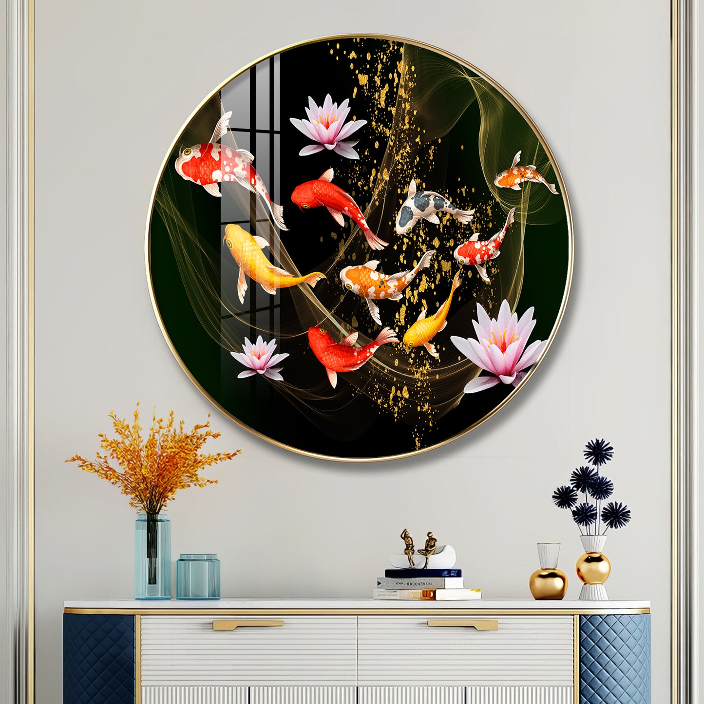 Colorful Koi In Motion Premium Acrylic Round Wall Art