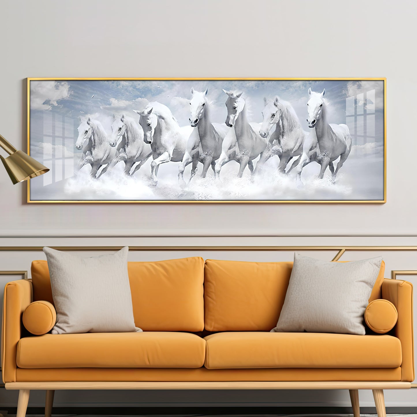 Seven Lucky Running White Horses Premium Acrylic Horizontal Wall Art