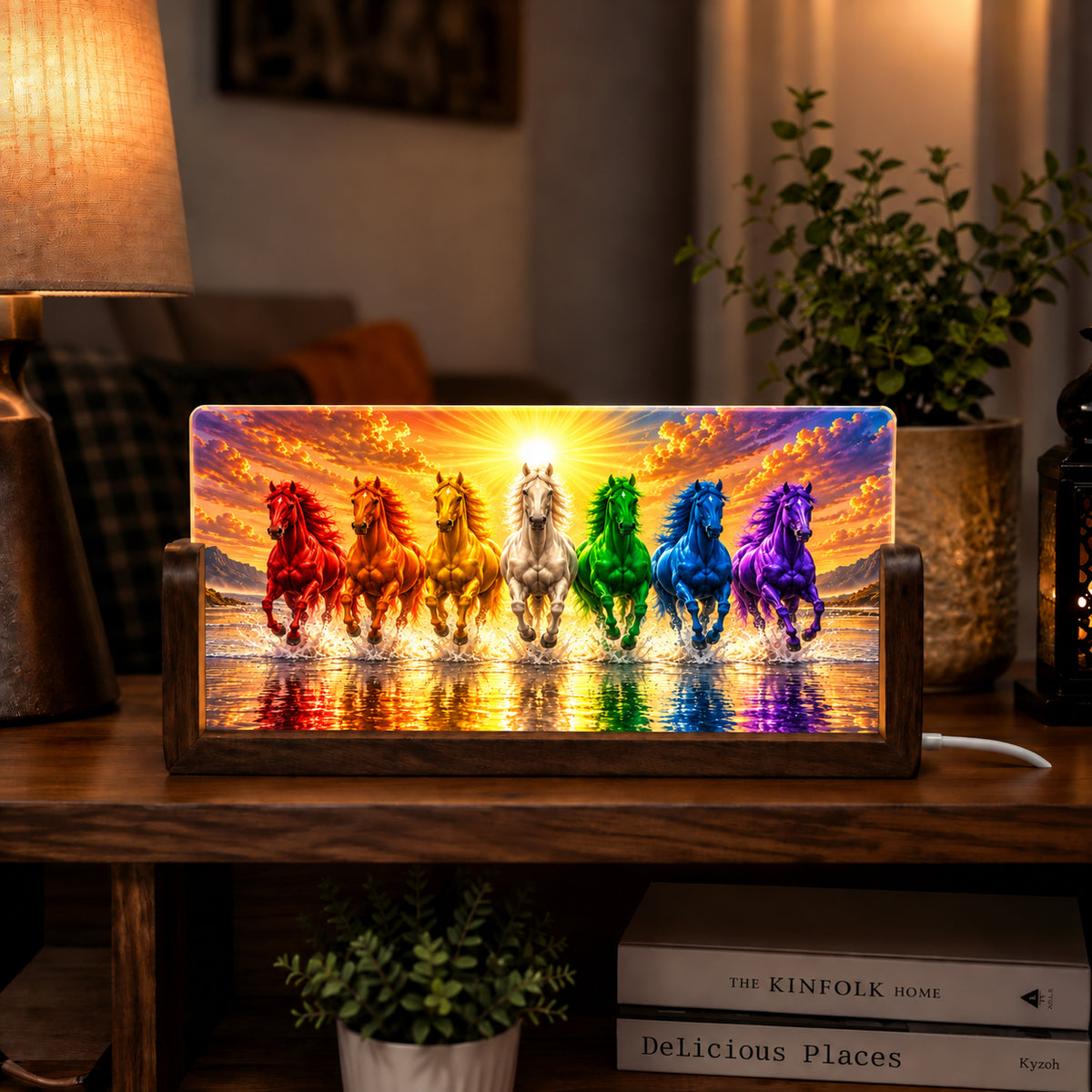 Seven Horses Acrylic LED Table Lamp - Wooden Stand