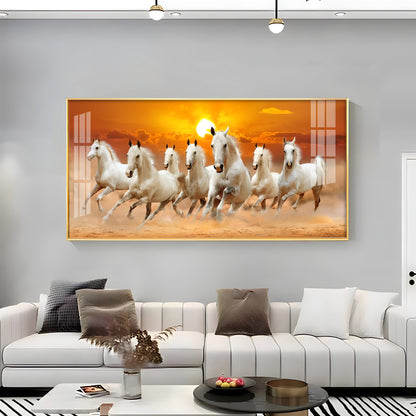 White 7 Running Horses Premium Acrylic Horizontal Wall Art