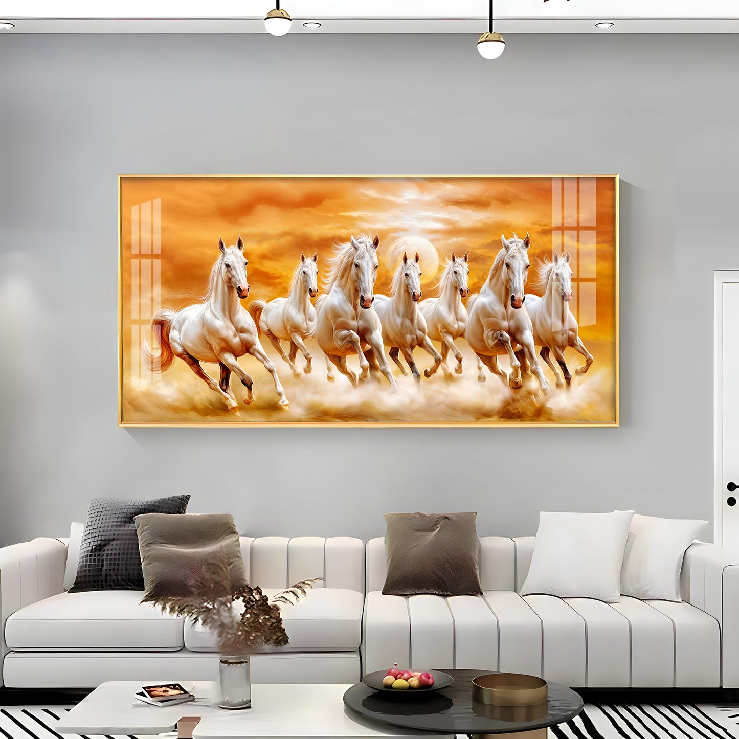 Vastu 7 Running White Horses Premium Acrylic Horizontal Wall Art