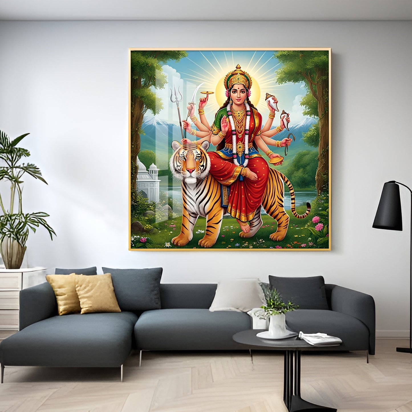 Hindu Goddess With Tiger Premium Acrylic Square Wall Art