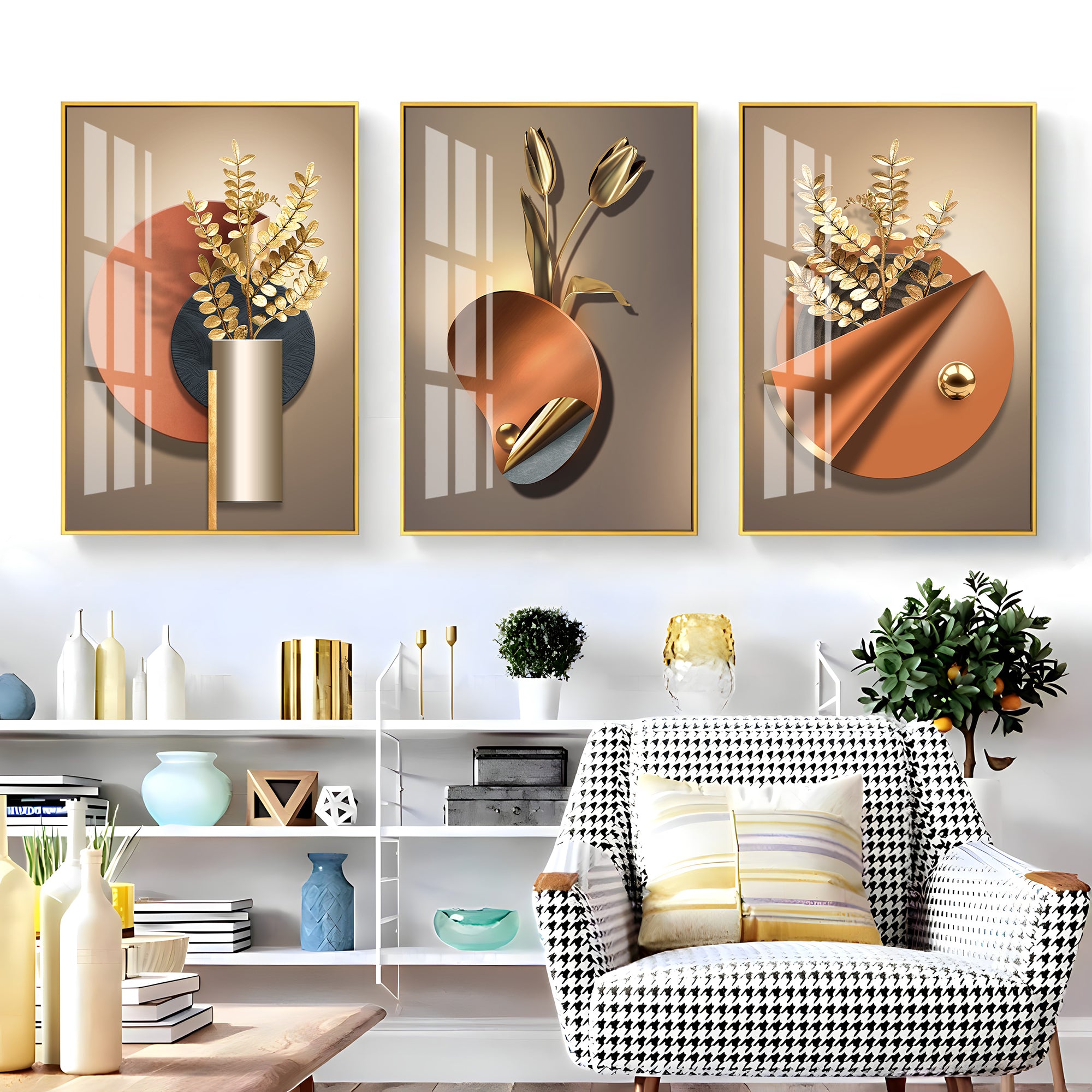 Golden Flower Triptych Premium Acrylic Wall Art (Set of 3)