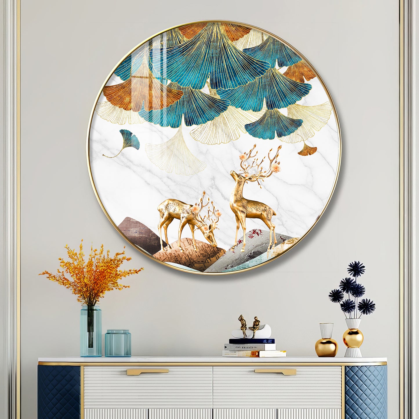 Deer and Leaves Premium Acrylic Round Wall Art