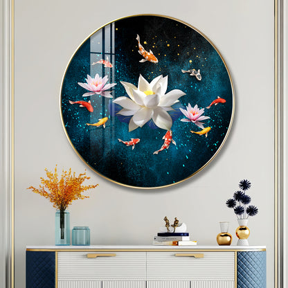 Lotus and Fish Premium Acrylic Round Wall Art