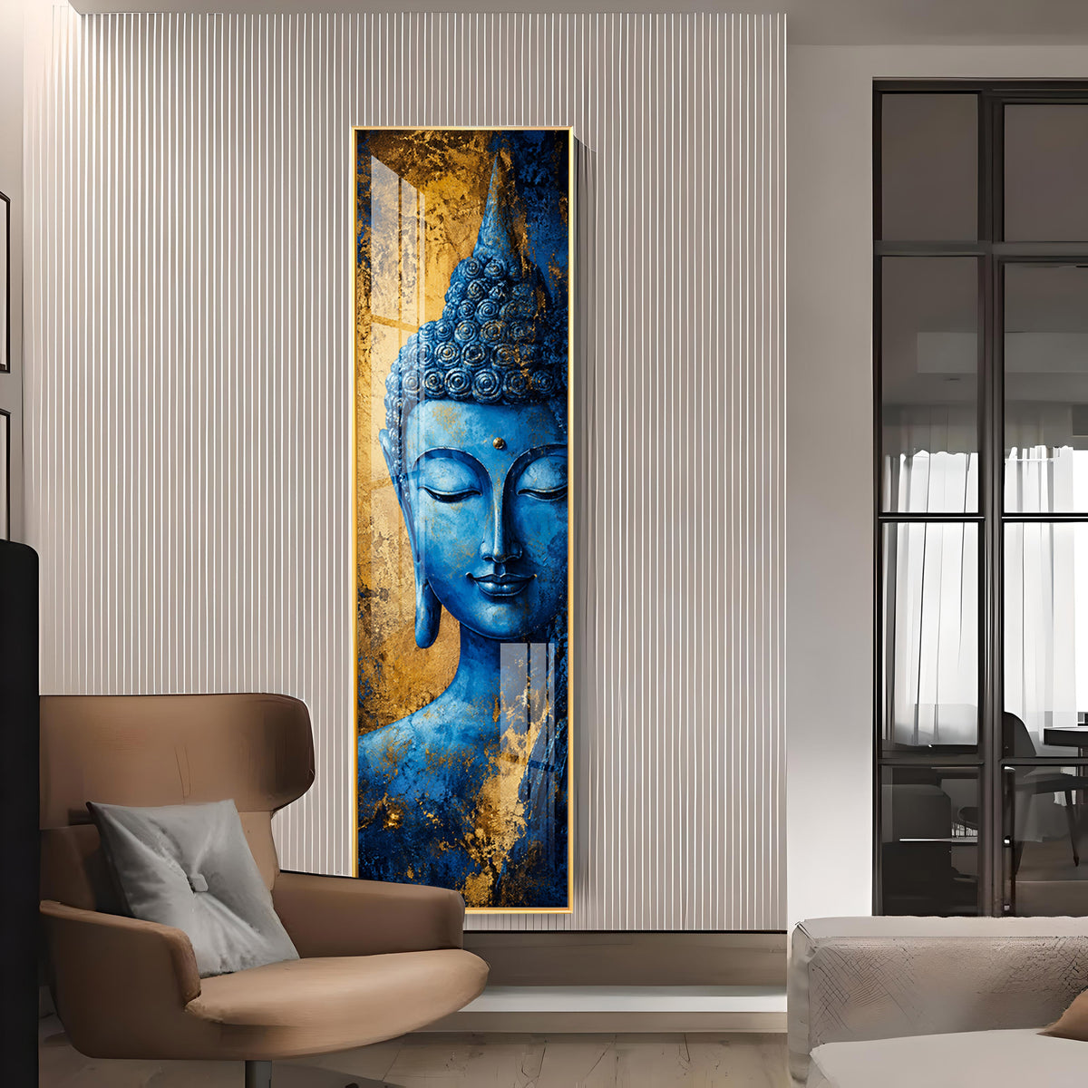 Blue and Gold Meditating Buddha Premium Acrylic Vertical Wall Art