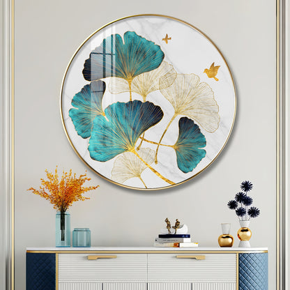 Blue Leaf Premium Acrylic Round Wall Art