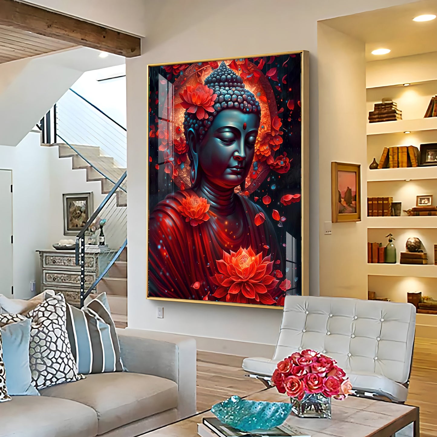 Red Buddha With Lotus Premium Acrylic Vertical Wall Art