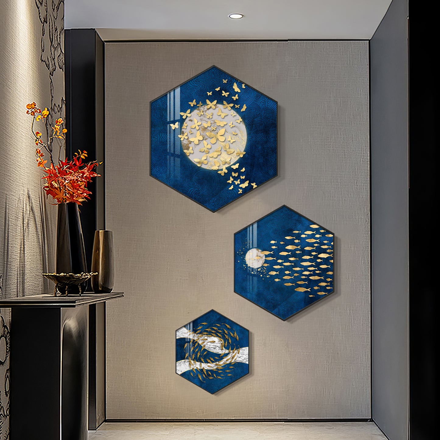 Golden Fish And Butterfly Premium Acrylic Hexagon Wall Art (Set of 3)