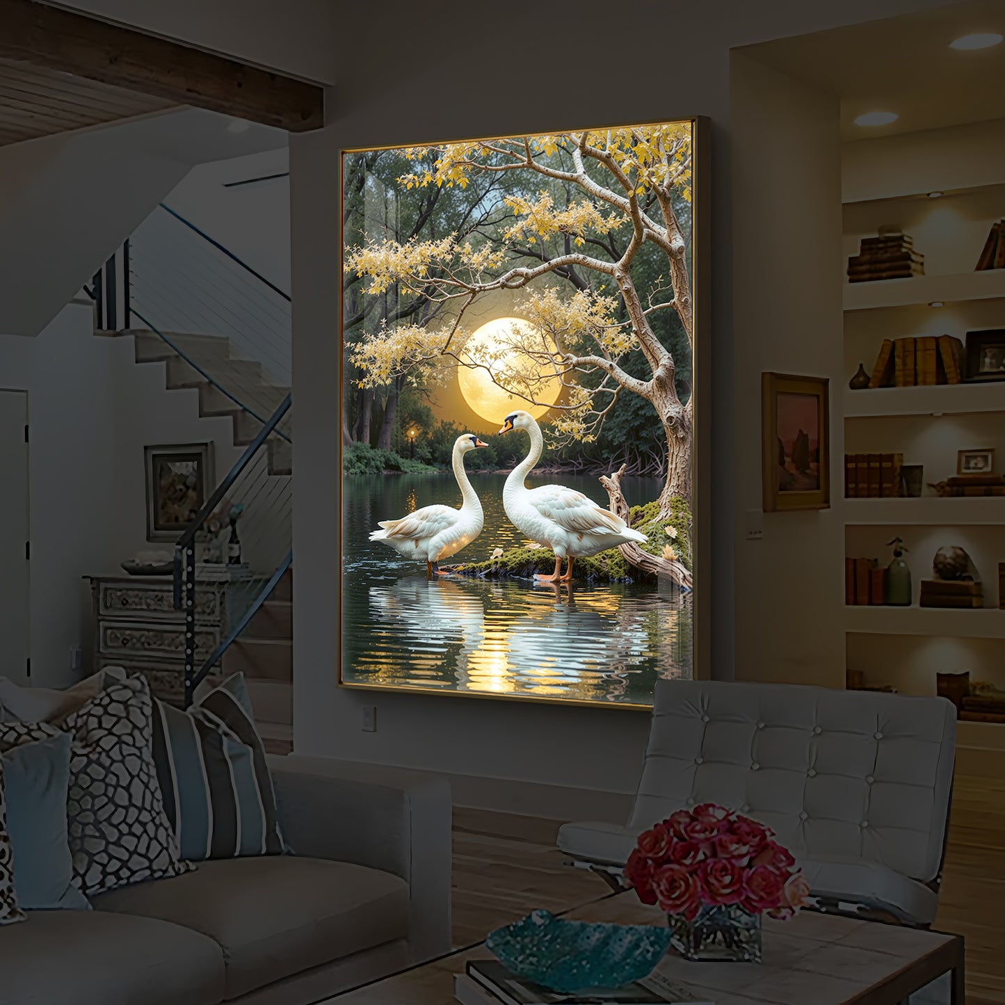 Couple Swan Modern Luxury Backlight Vertical Wall Art