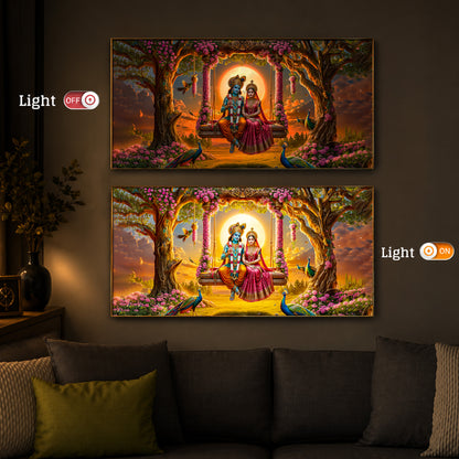Loving Couple Lord Radha Krishna Modern Luxury Backlight Horizontal Wall Art