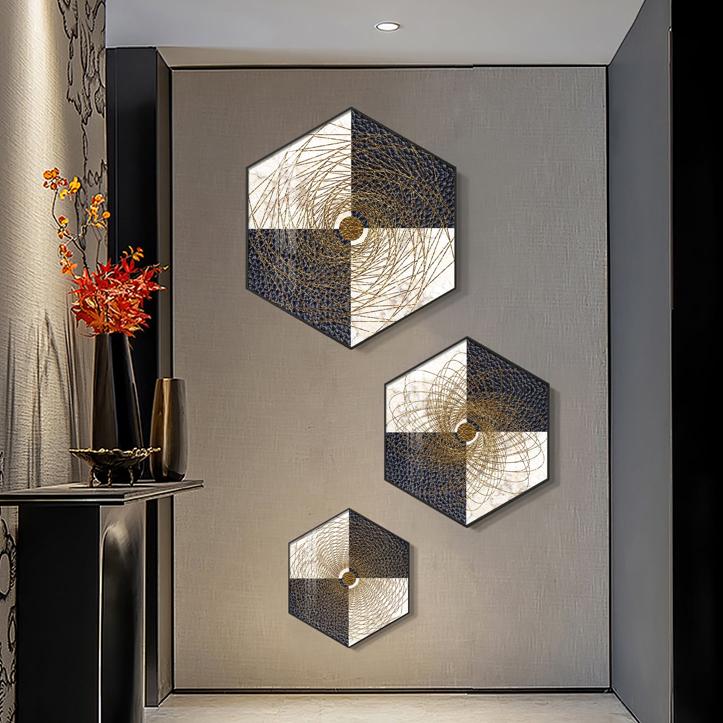 Spiral In Golden Premium Acrylic Hexagon Wall Art (Set of 3)