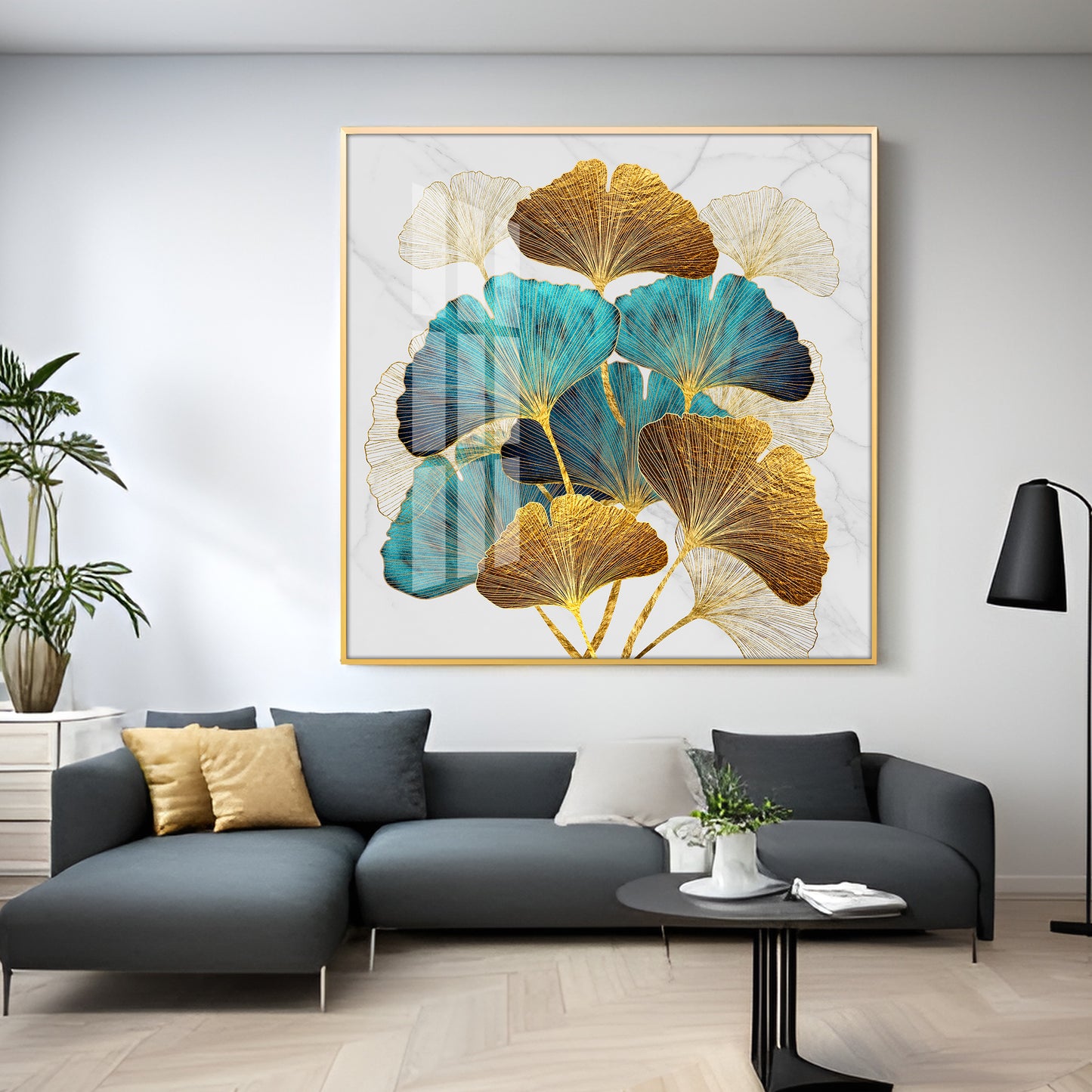 Golden Blue Ginkgo Leaf Premium Acrylic Square Wall Art