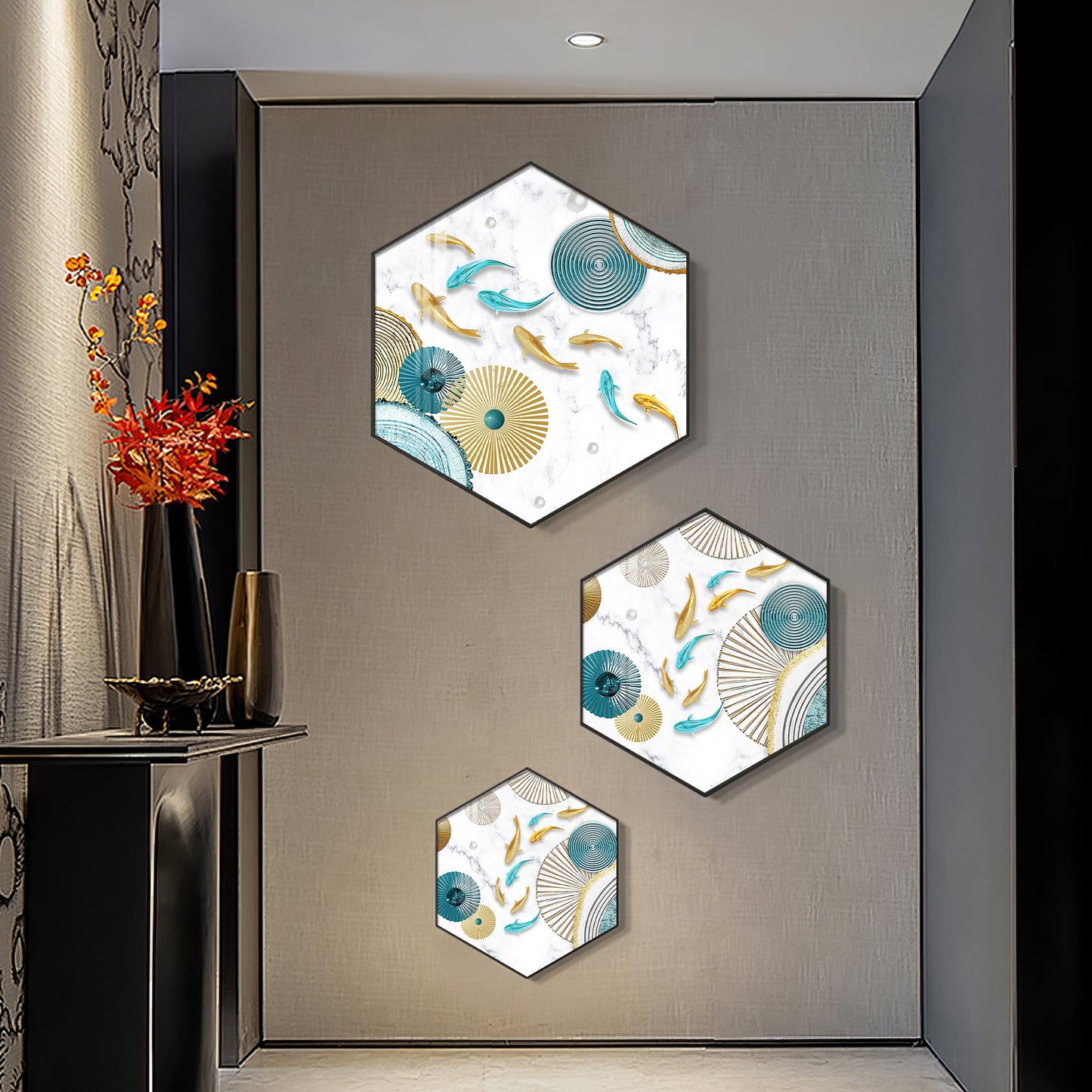 Koi Fish In Blue & Gold Premium Acrylic Hexagon Wall Art (Set of 3)