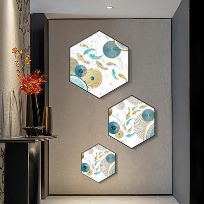 Koi Fish In Blue & Gold Premium Acrylic Hexagon Wall Art (Set of 3)