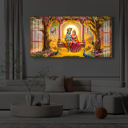 Loving Couple Lord Radha Krishna Modern Luxury Backlight Horizontal Wall Art