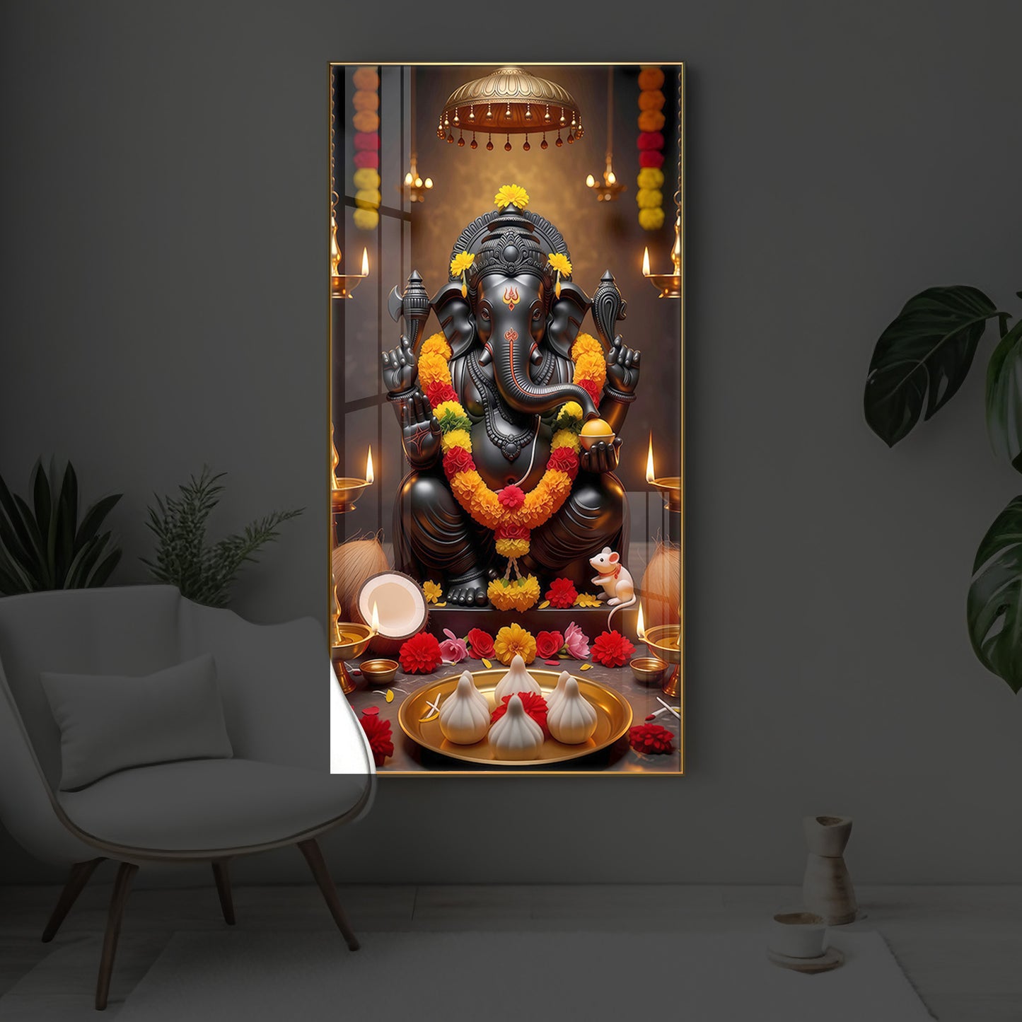 Shri Ganesh Ji Modern Luxury Backlight Vertical Wall Art