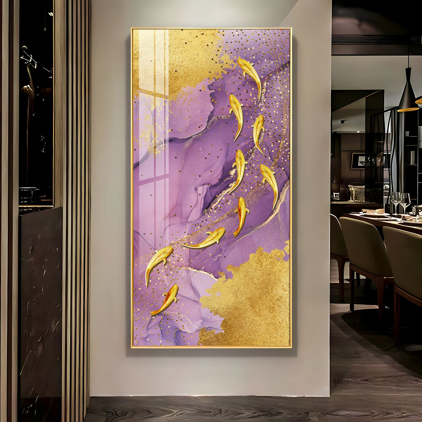 Purple Textured Golden Fish Premium Acrylic Vertical Wall Art