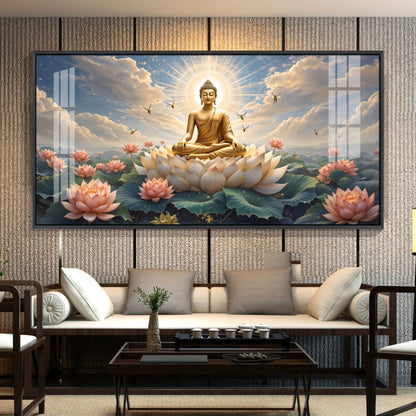 Peaceful Buddha On Lotus Premium Acrylic Horizontal Wall Art - 40X20 inches / Gold