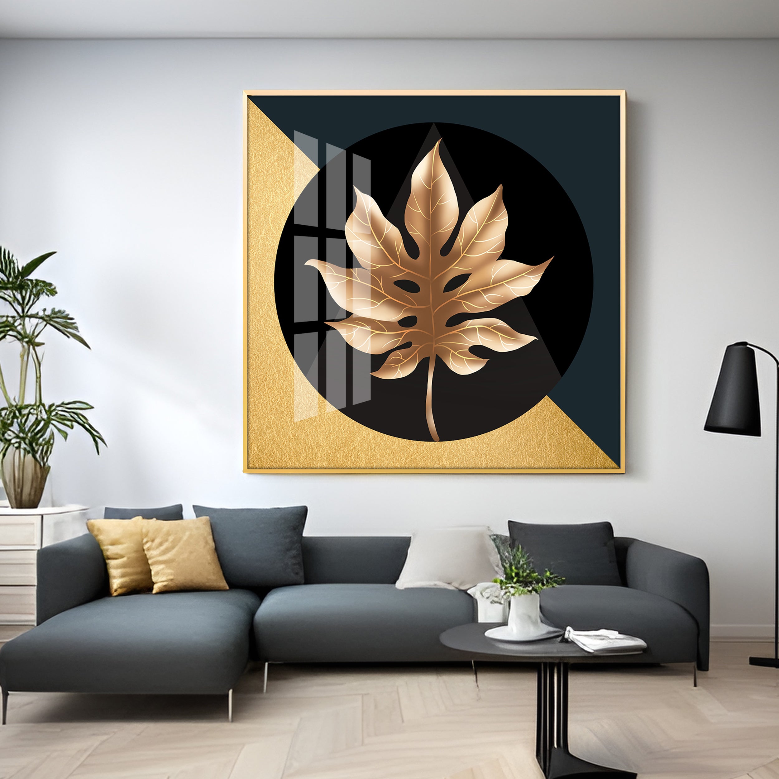 Golden Fall Leaf Luxury Crystal Square Wall Art