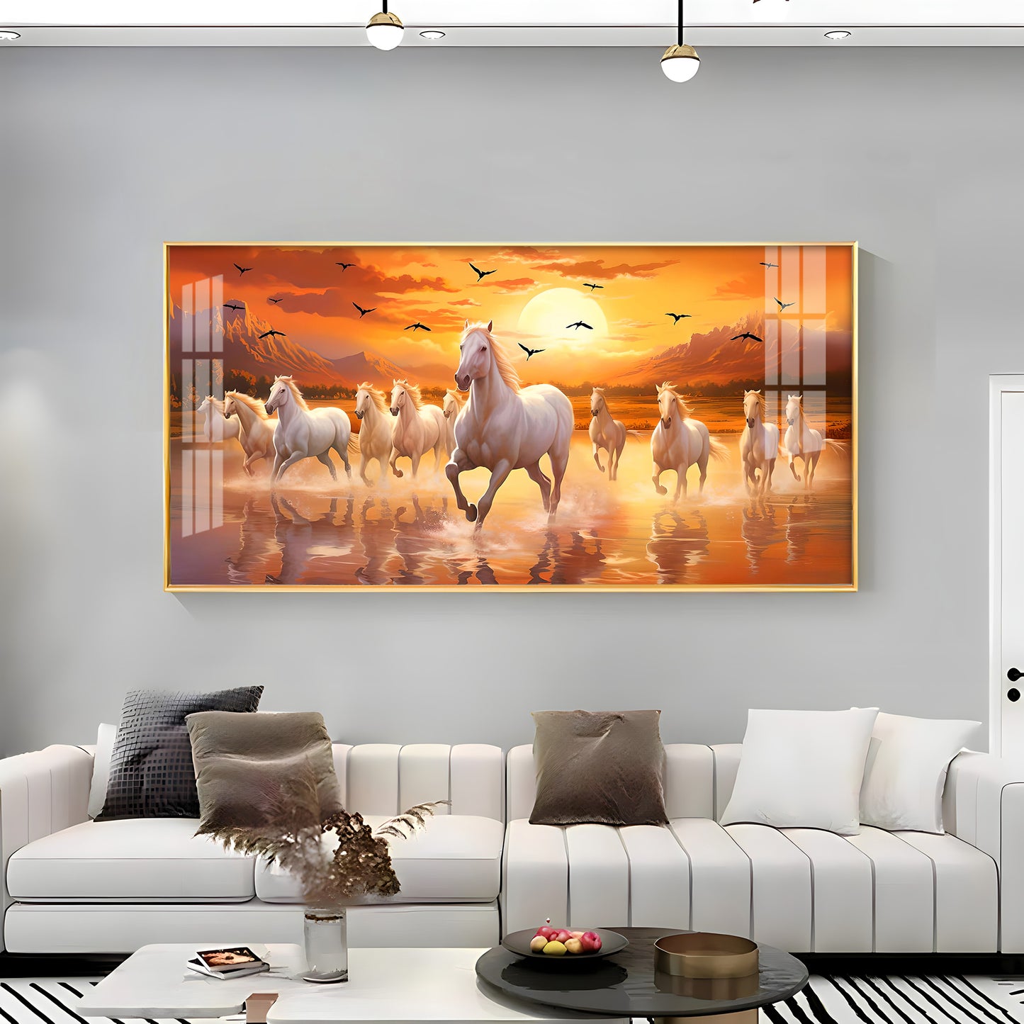 White Running Horses With Sunrise Premium Acrylic Horizontal Wall Art