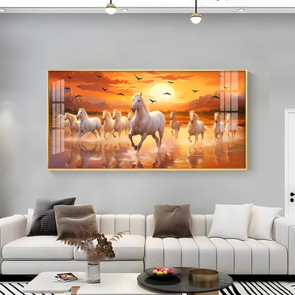 White Running Horses With Sunrise Premium Acrylic Horizontal Wall Art