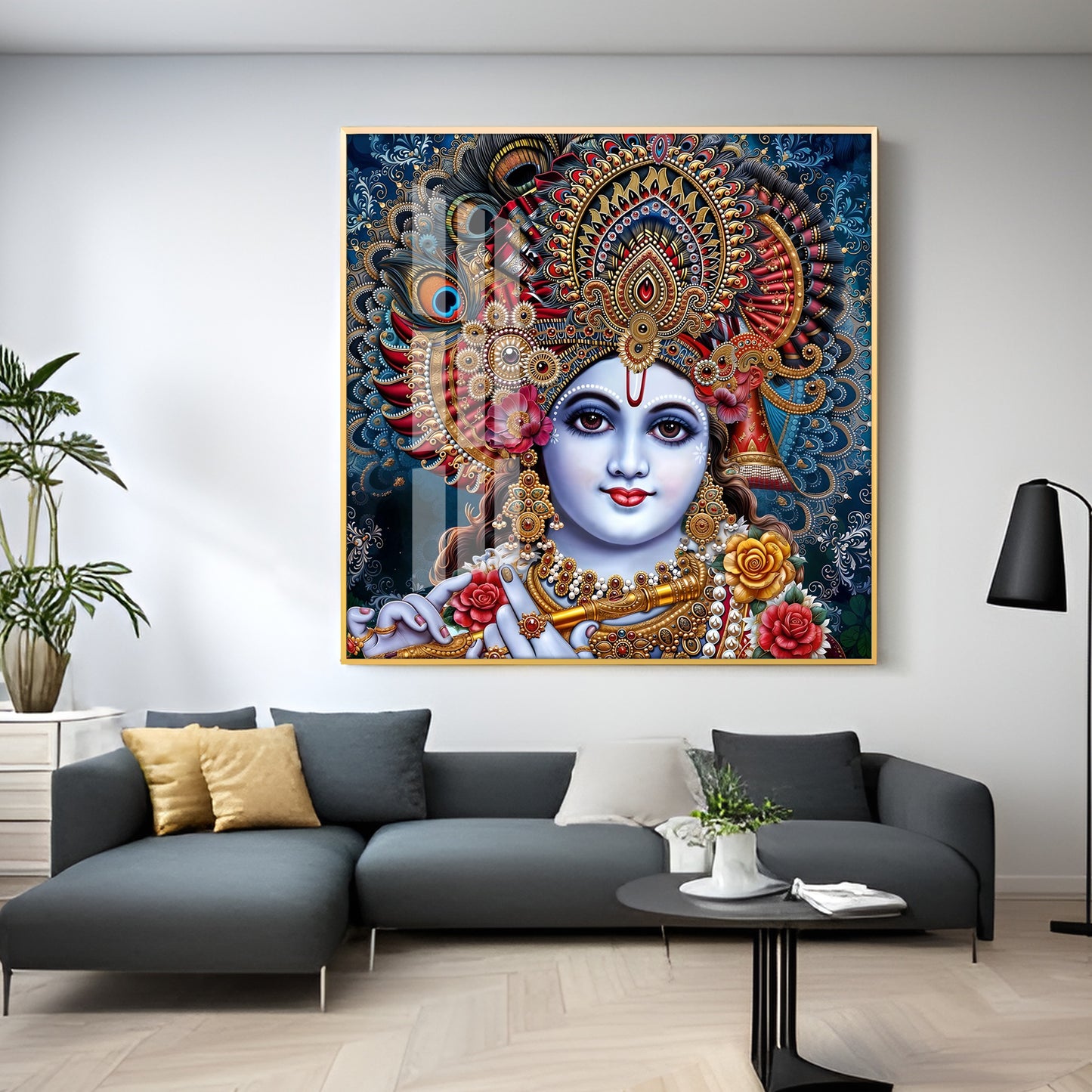 Shri Krishna With Bansuri Premium Acrylic Square Wall Art