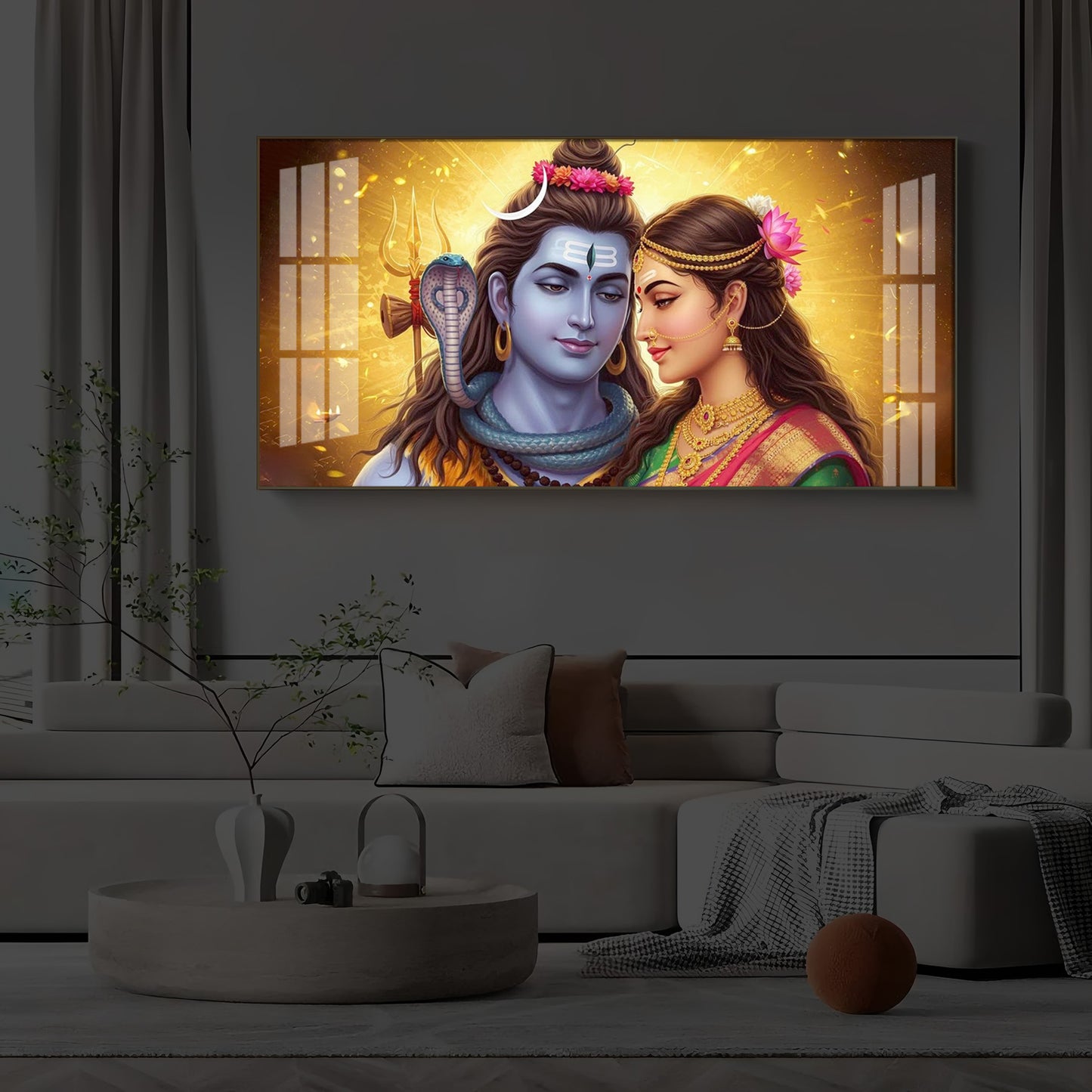 Shiv Parvati Modern Luxury Backlight Horizontal Wall Art