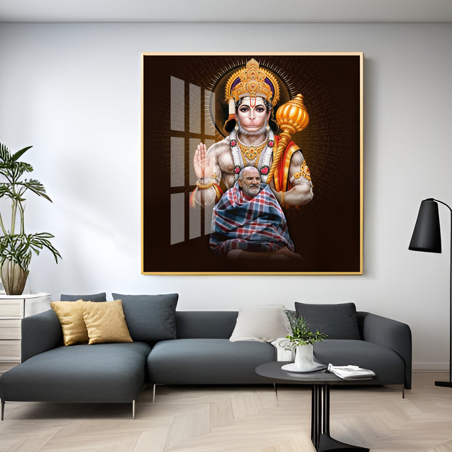 Lord Hanuman Ji and Need Karoli Baba Premium Acrylic Square Wall Art