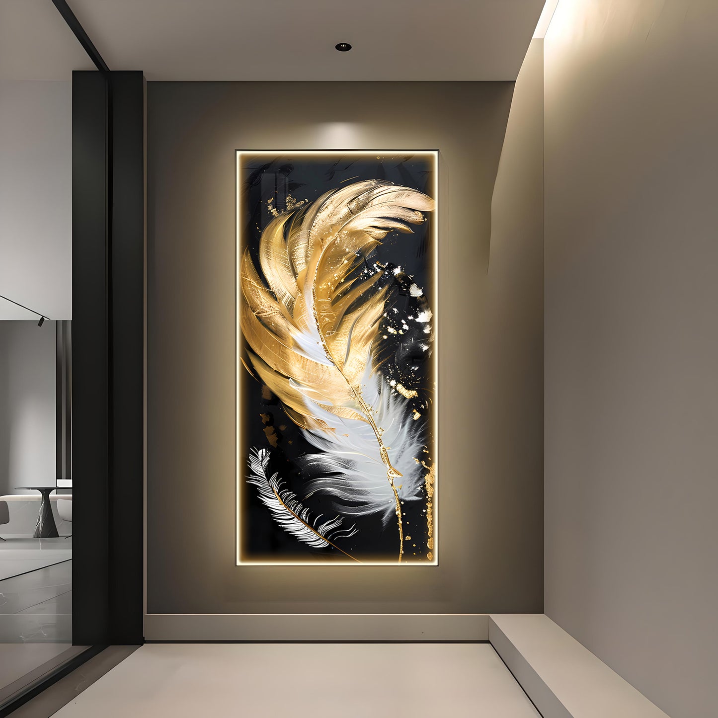 White & Golden Feather Luxury Crystal Vertical Wall Art