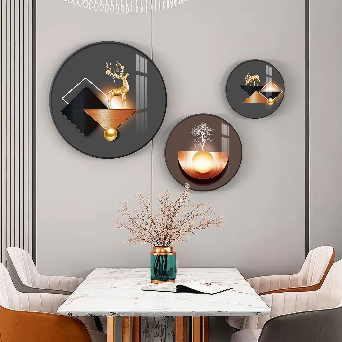Reindeer Abstract Premium Acrylic Round Wall Art (Set of 3)