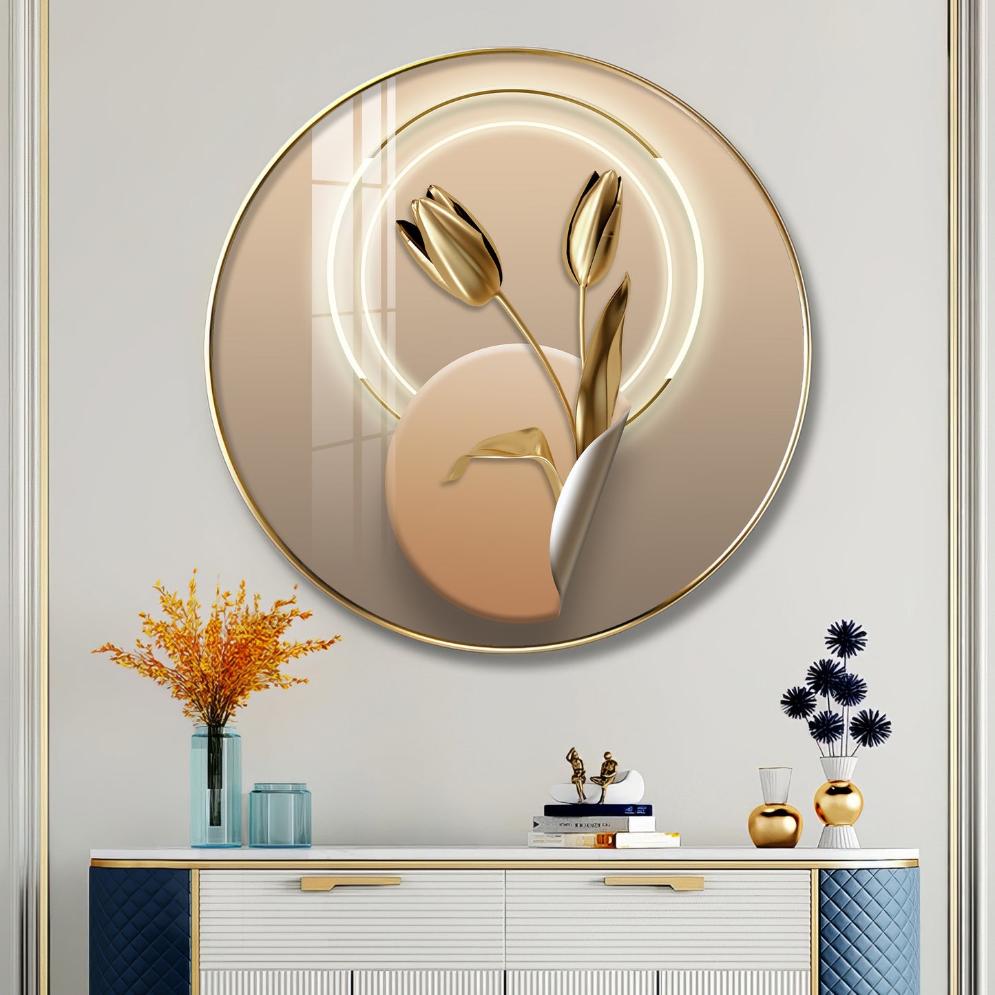 Golden Petal Premium Acrylic Round Wall Art