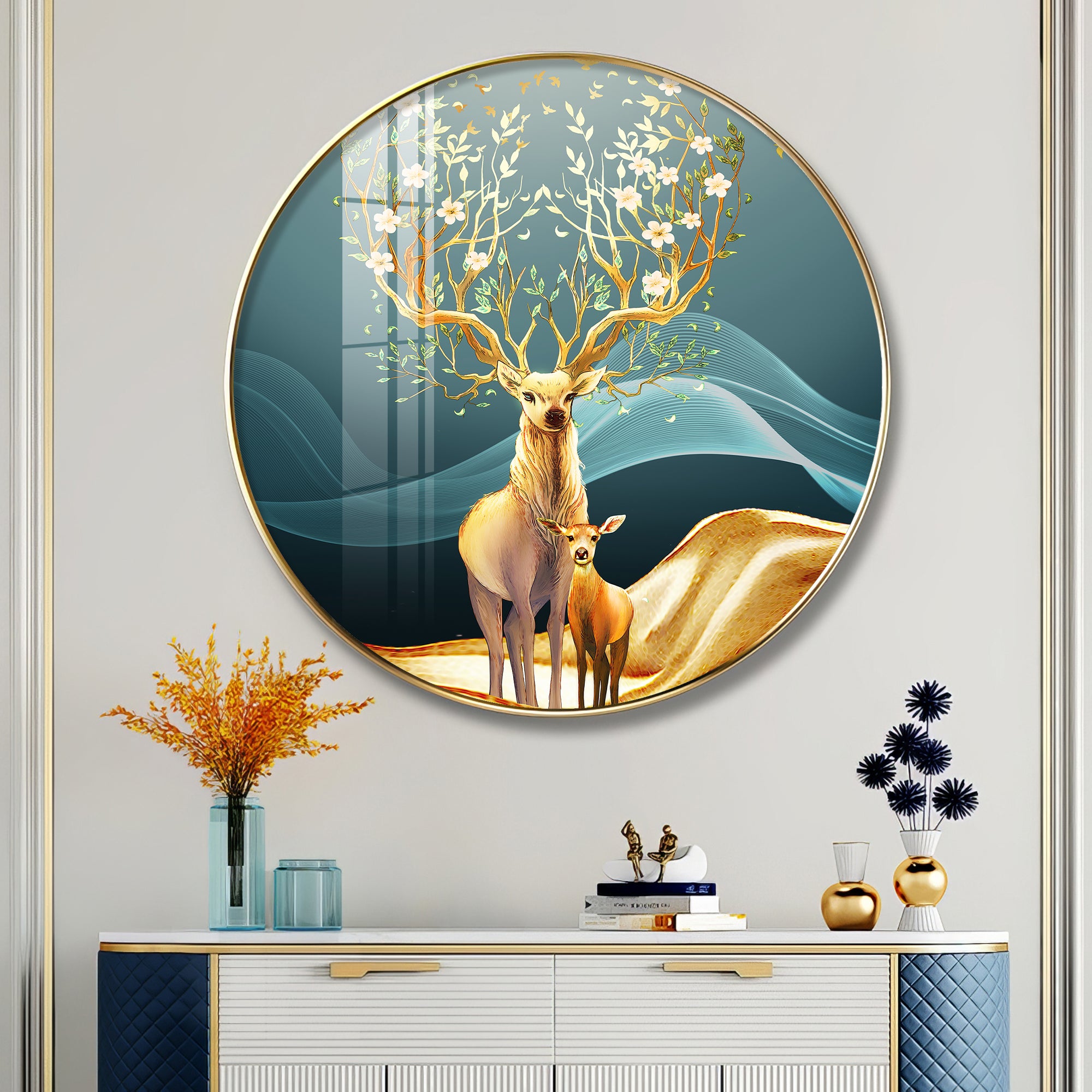 Deer in Bloom Premium Acrylic Round Wall Art